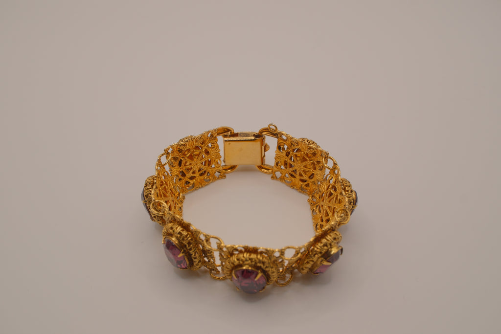 Vintage 1950s gold-tone Oval cut Purple stone panel bracelet