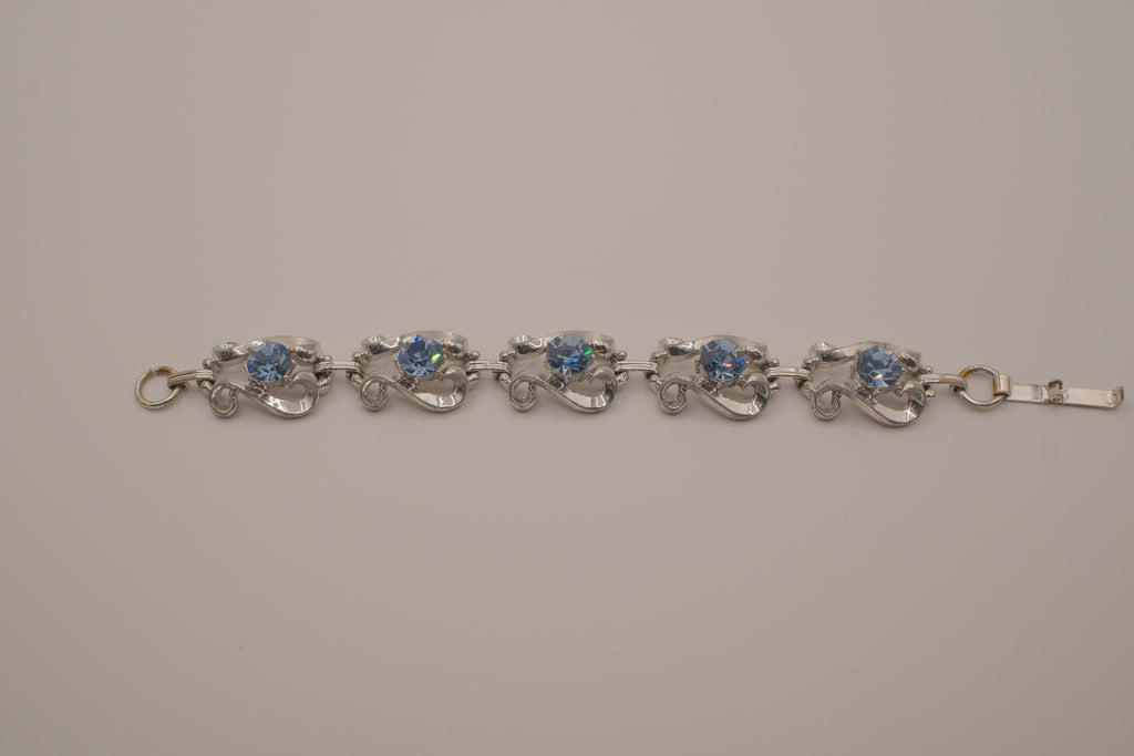 Vintage Blue Rhinestone Silvertone Link Bracelet
