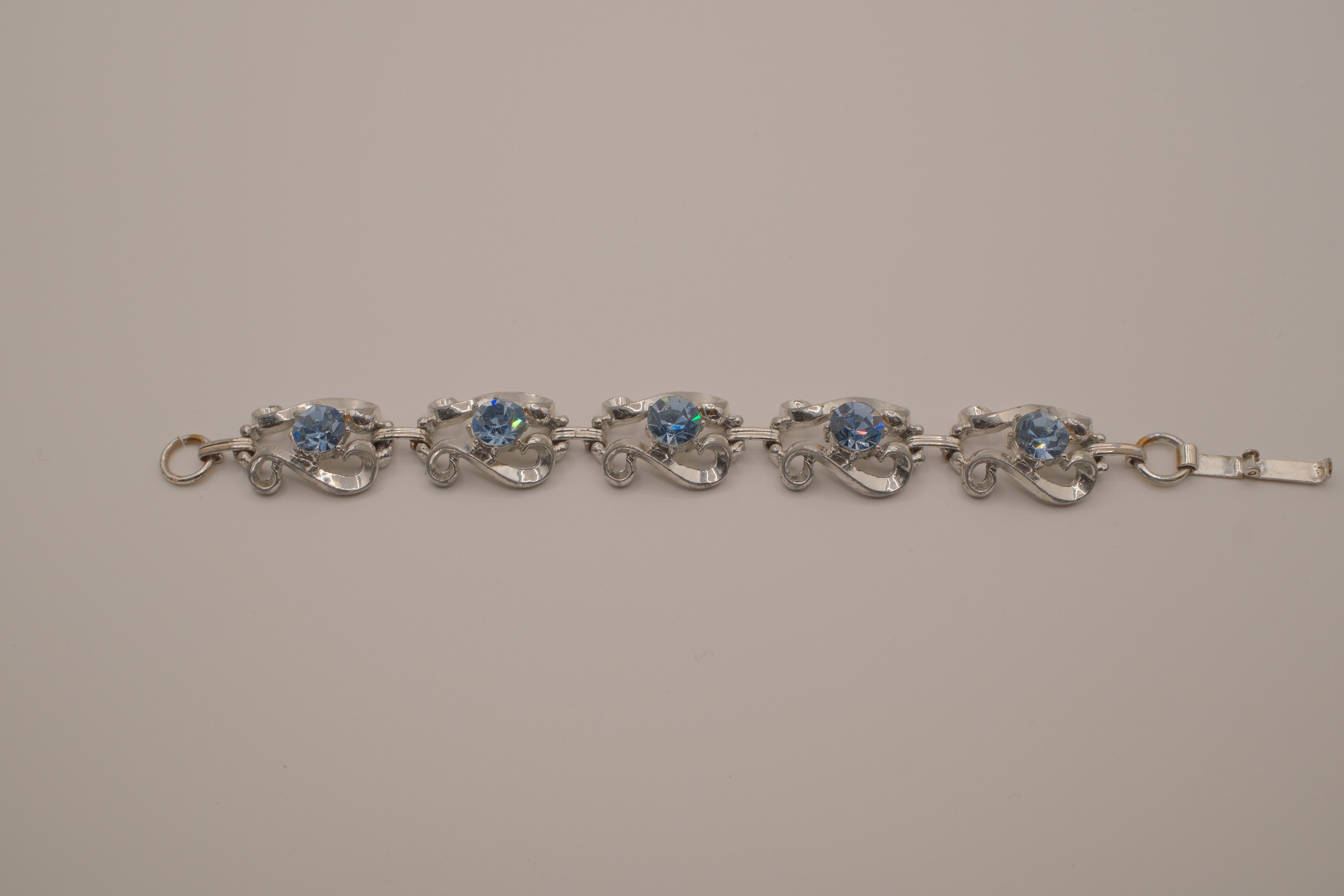 Vintage Blue Rhinestone Silvertone Link Bracelet