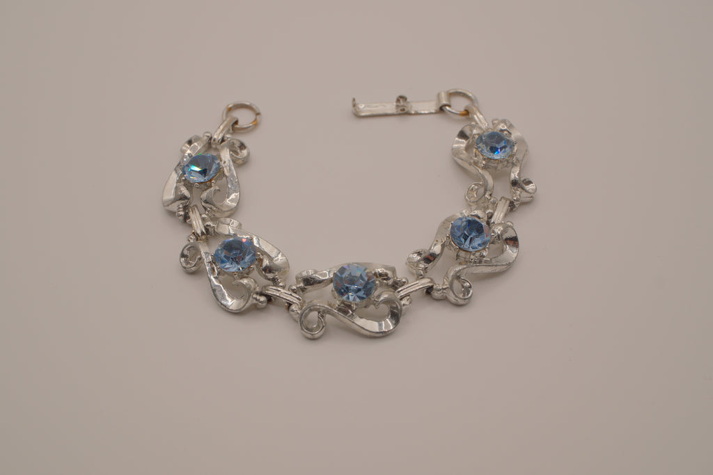 Vintage Blue Rhinestone Silvertone Link Bracelet