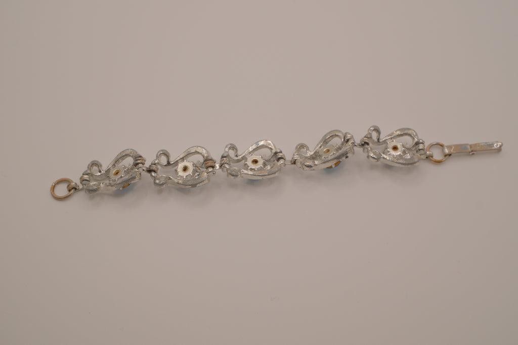 Vintage Blue Rhinestone Silvertone Link Bracelet