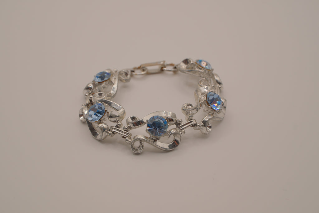 Vintage Blue Rhinestone Silvertone Link Bracelet