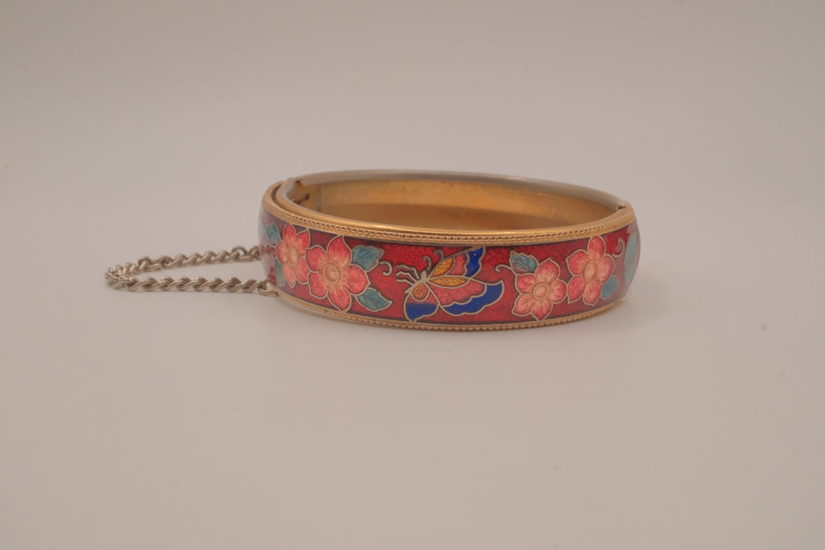 Vintage Cloisonné Red enamel hinged bangle bracelet