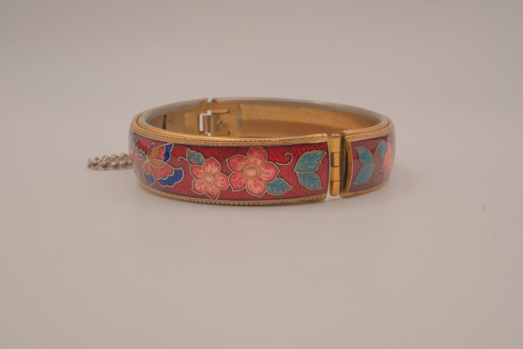 Vintage Cloisonné Red enamel hinged bangle bracelet