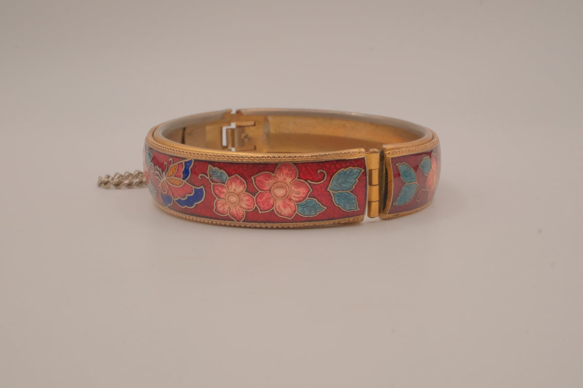 Vintage Cloisonné Red enamel hinged bangle bracelet