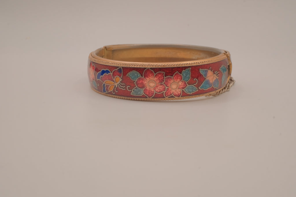 Vintage Cloisonné Red enamel hinged bangle bracelet