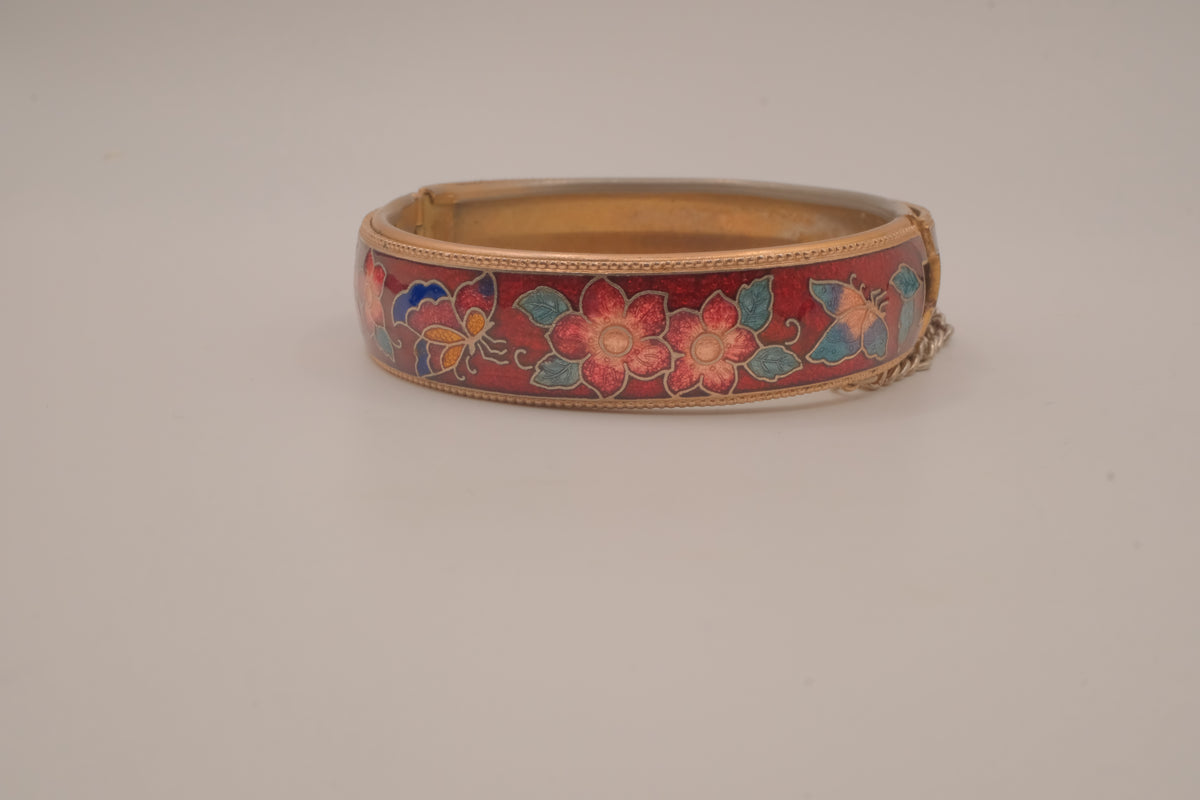 Vintage Cloisonné Red enamel hinged bangle bracelet