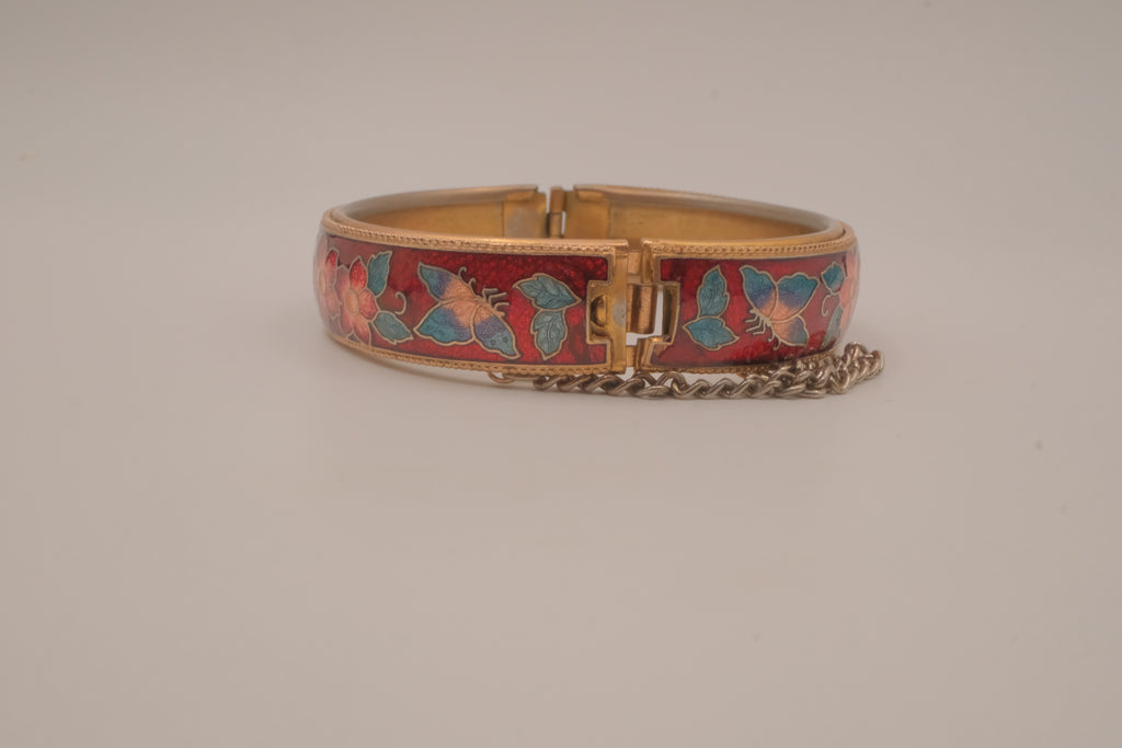 Vintage Cloisonné Red enamel hinged bangle bracelet