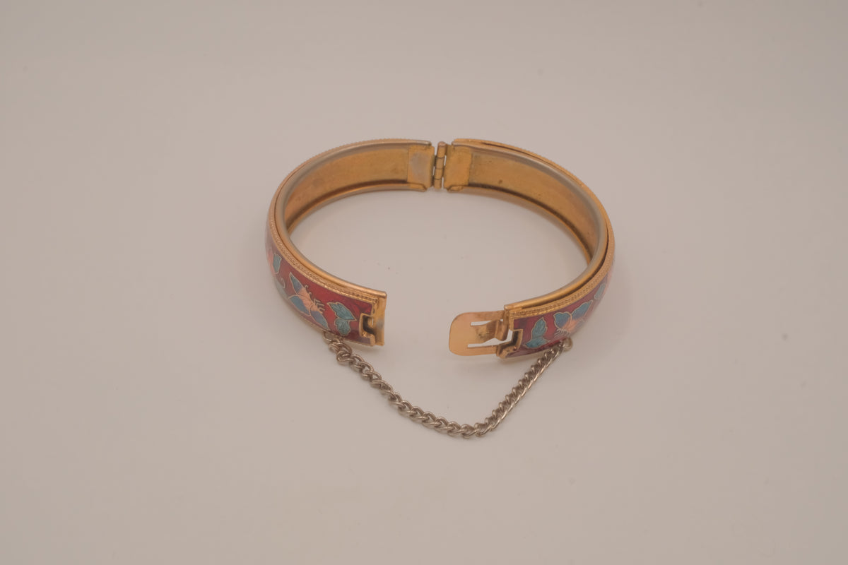 Vintage Cloisonné Red enamel hinged bangle bracelet