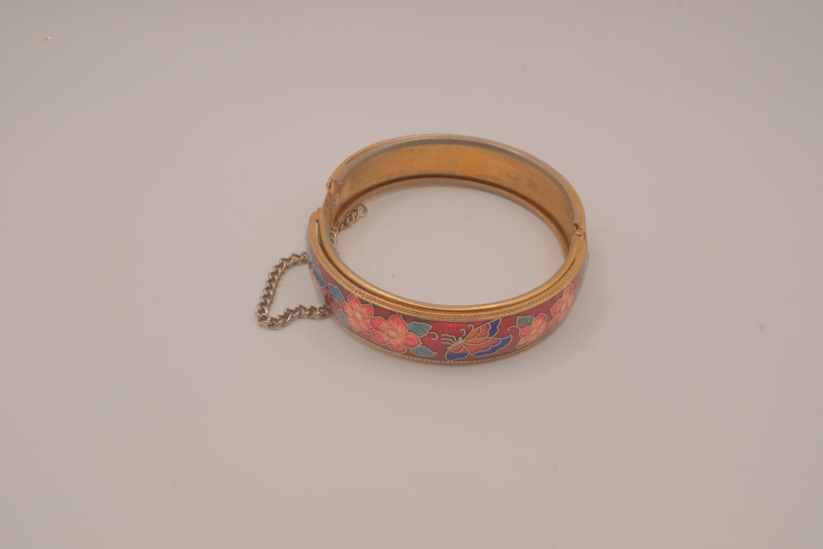 Vintage Cloisonné Red enamel hinged bangle bracelet