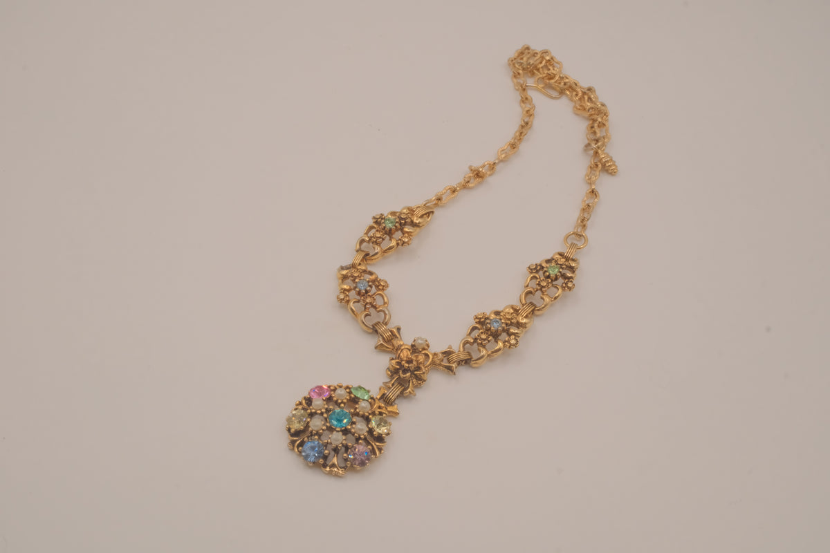 Vintage 1950s multicolor rhinestone pendant necklace