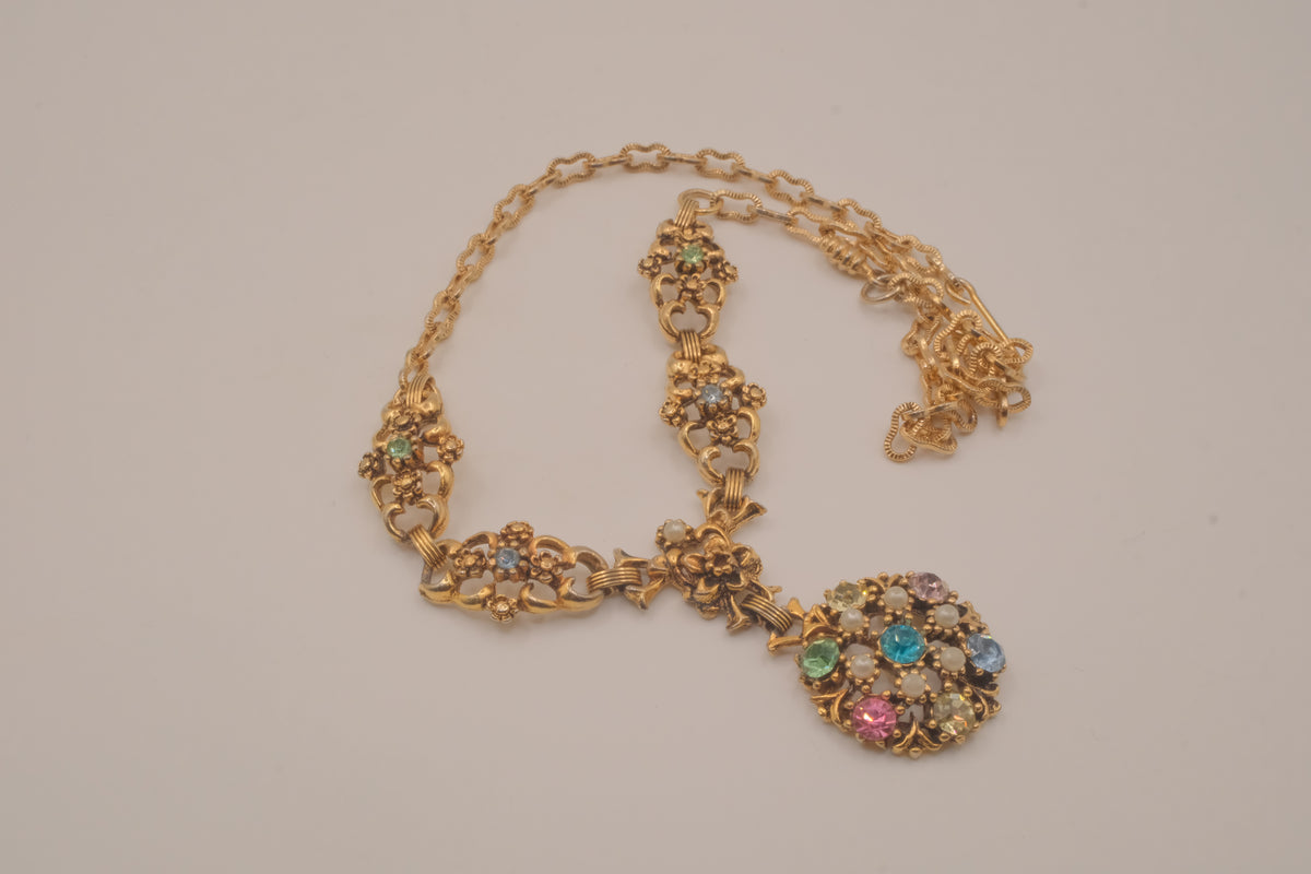 Vintage 1950s multicolor rhinestone pendant necklace