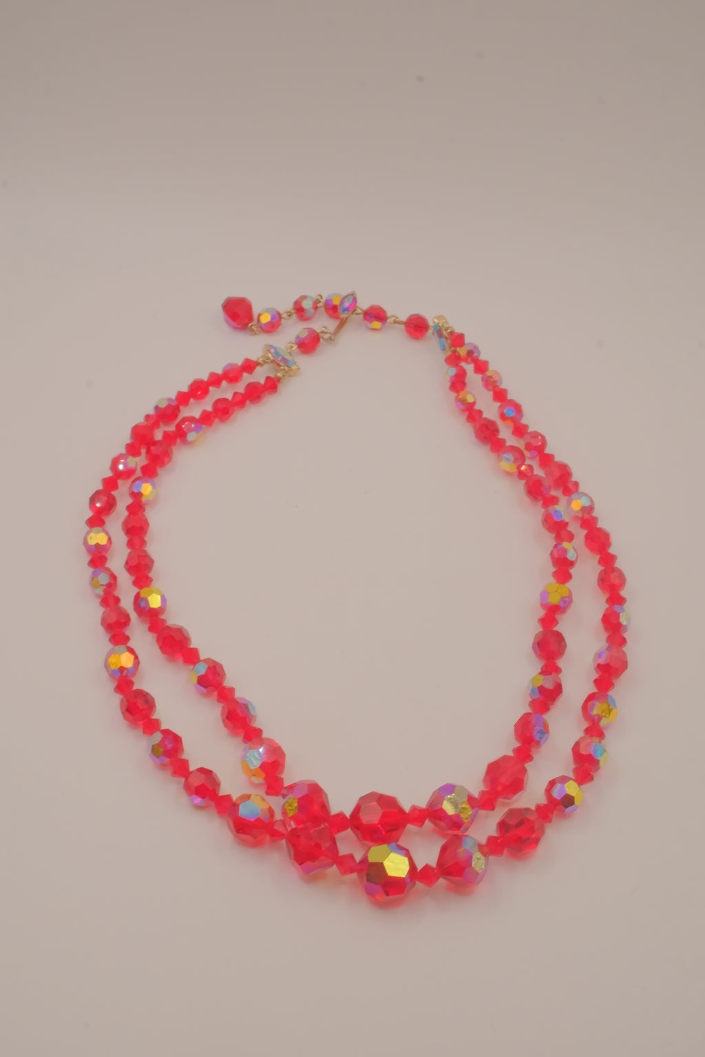 Vintage 1950s double-strand red Aurora Borealis (AB) crystal glass bead necklace
