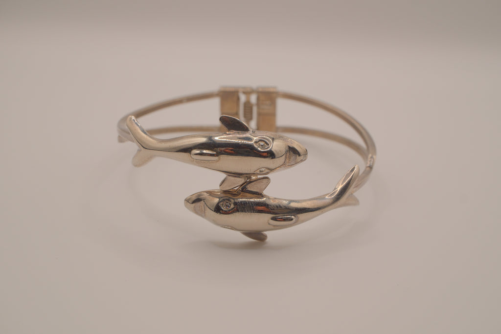 Vintage double dolphin bypass hinged bangle bracelet