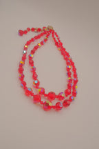 Vintage 1950s double-strand red Aurora Borealis (AB) crystal glass bead necklace