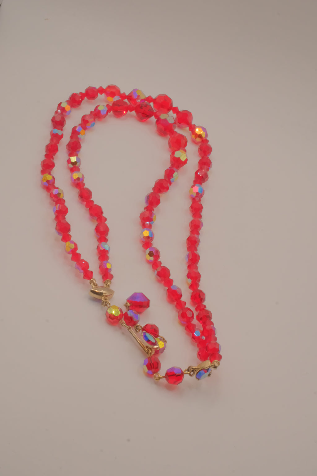 Vintage 1950s double-strand red Aurora Borealis (AB) crystal glass bead necklace