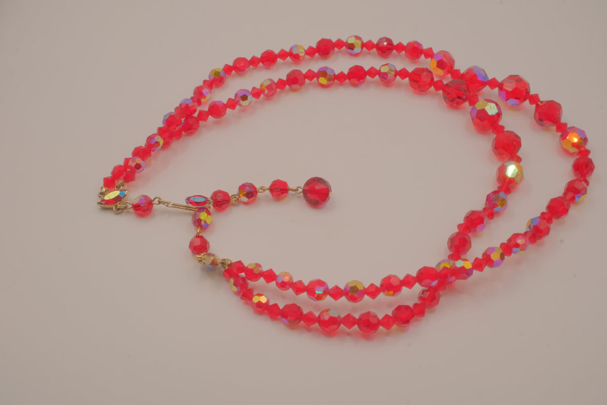 Vintage 1950s double-strand red Aurora Borealis (AB) crystal glass bead necklace