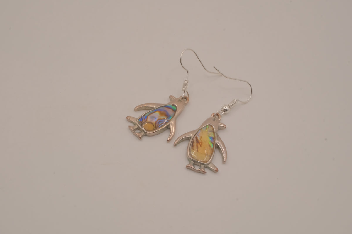 Silver tone Abalone penguin earrings