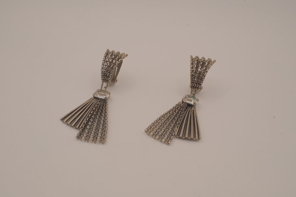 Vintage silver-tone fan and tassel clip-on earrings