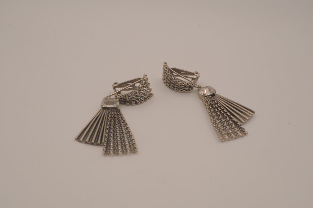 Vintage silver-tone fan and tassel clip-on earrings