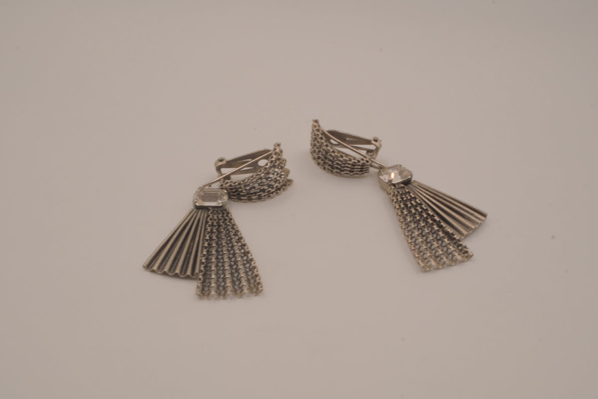 Vintage silver-tone fan and tassel clip-on earrings
