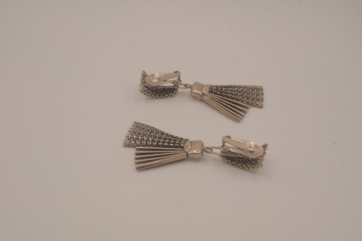 Vintage silver-tone fan and tassel clip-on earrings