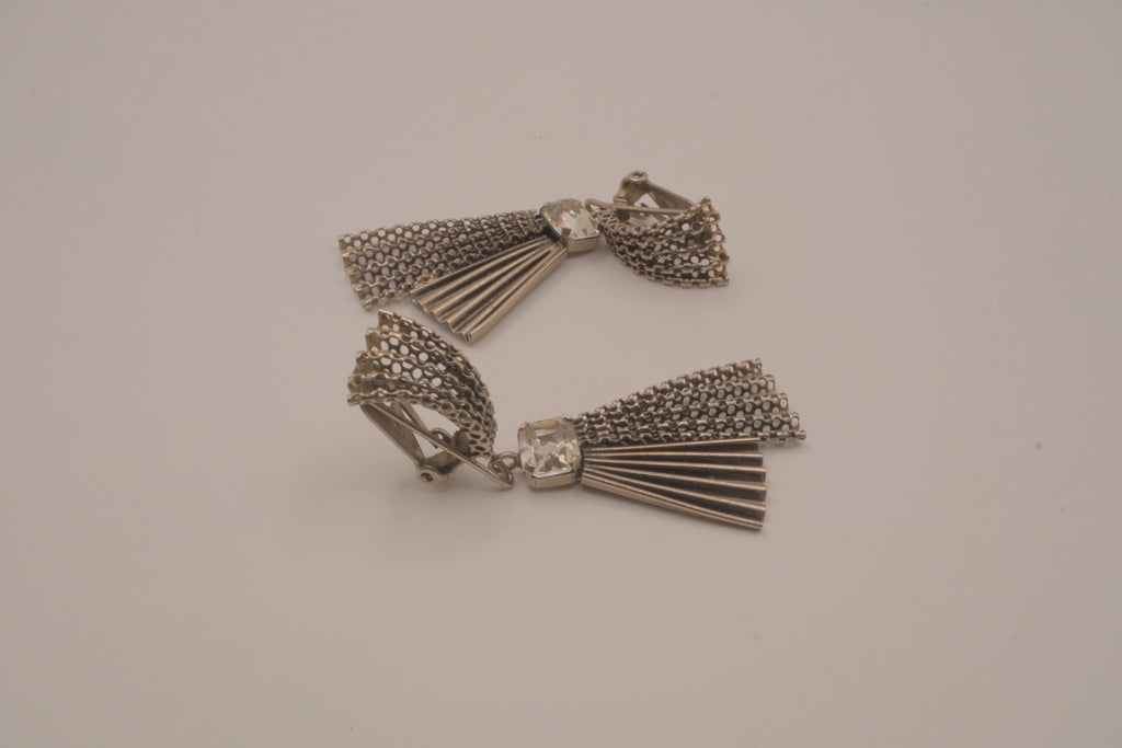 Vintage silver-tone fan and tassel clip-on earrings