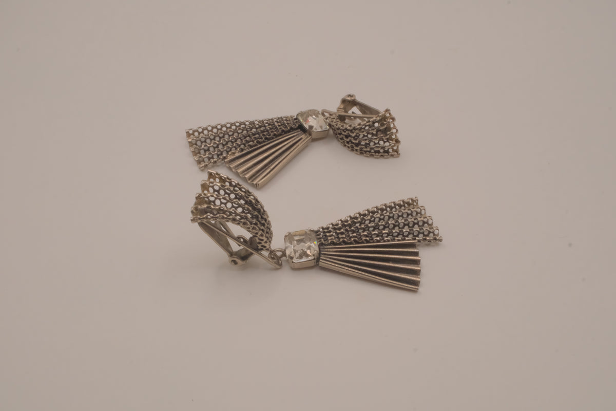 Vintage silver-tone fan and tassel clip-on earrings