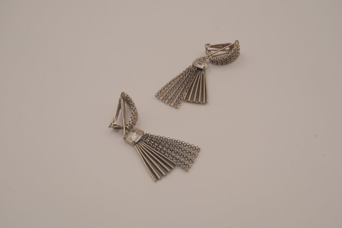 Vintage silver-tone fan and tassel clip-on earrings