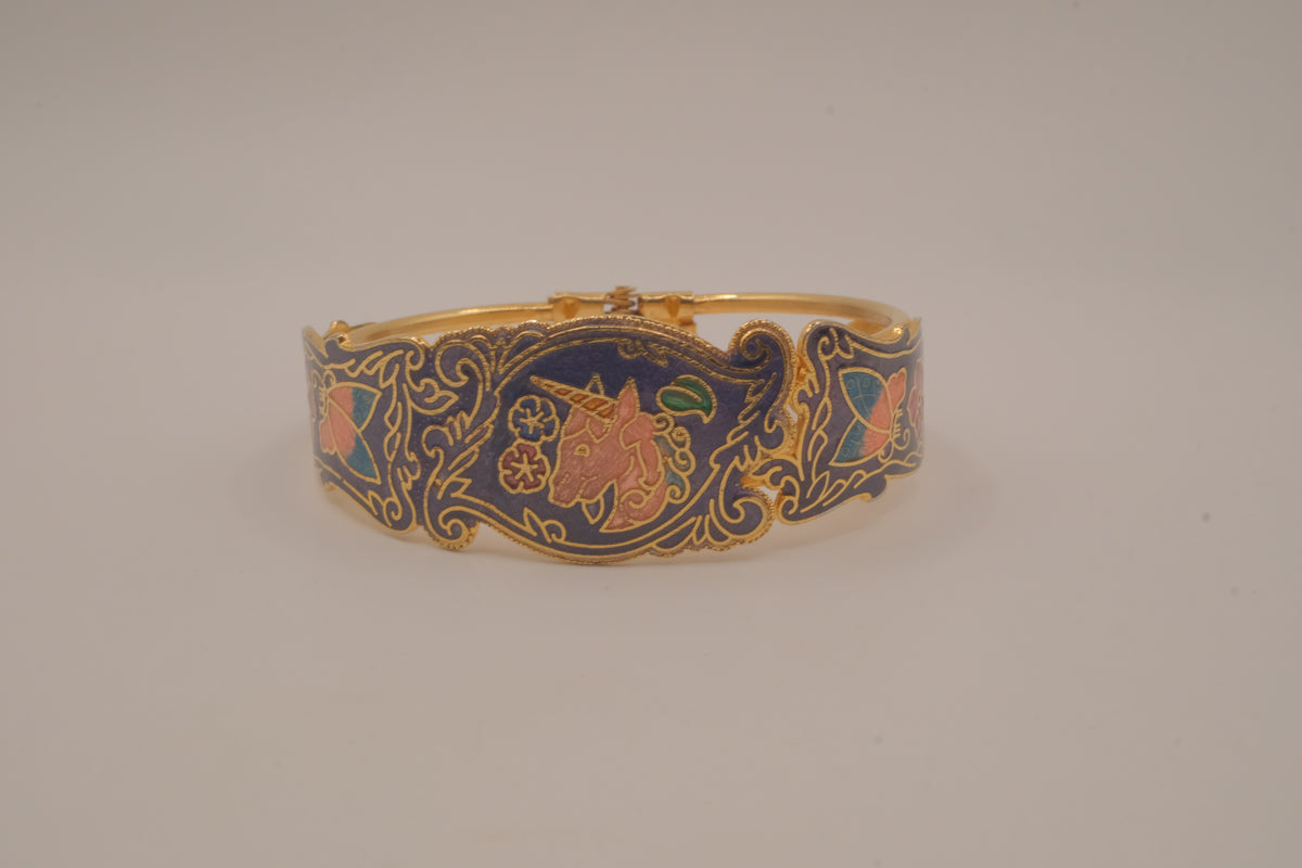 Vintage cloisonné enamel unicorn hinge bangle bracelet