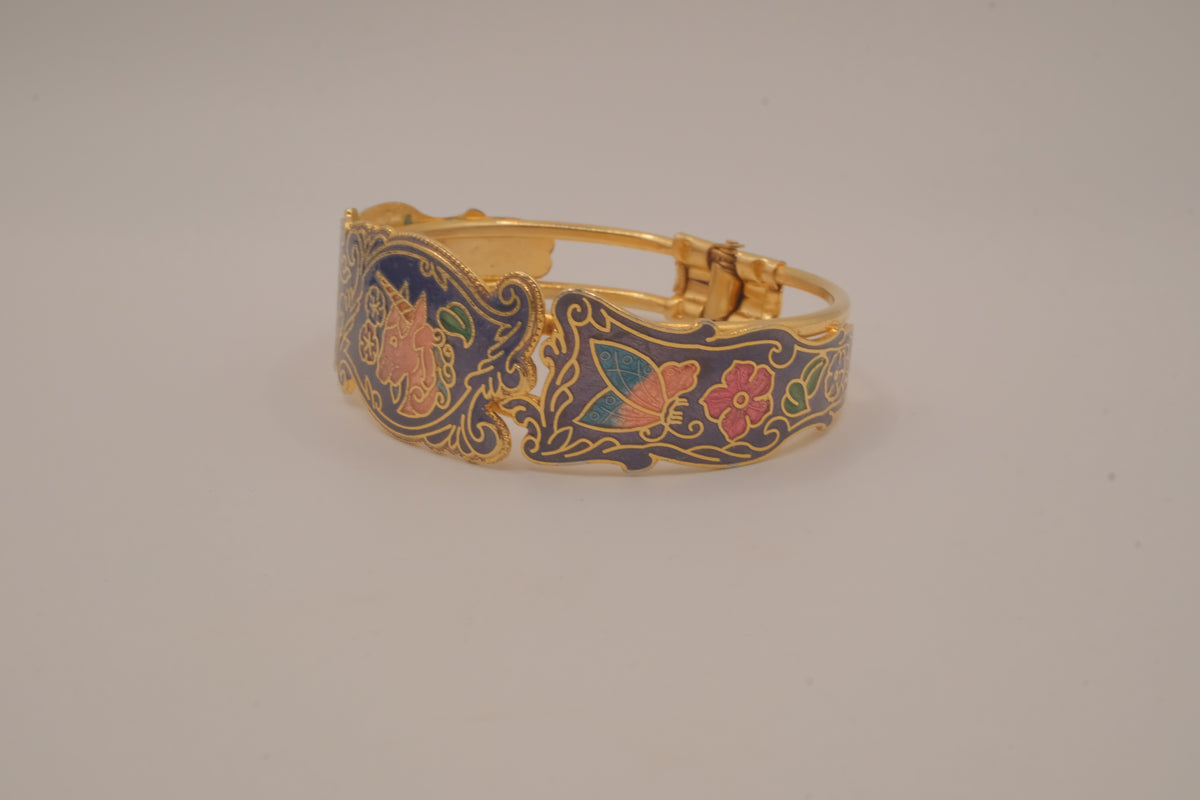 Vintage cloisonné enamel unicorn hinge bangle bracelet