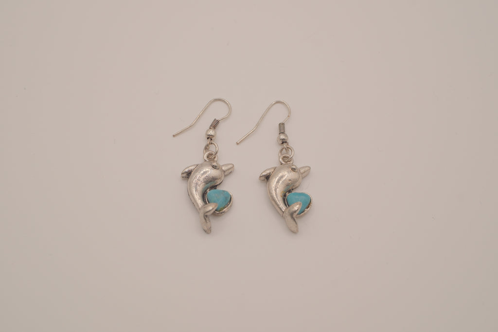 Dolphin dangle earring with faux turquoise inlay