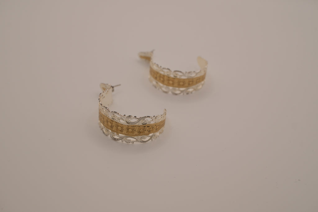 Two-tone filigree open hoop earrings
