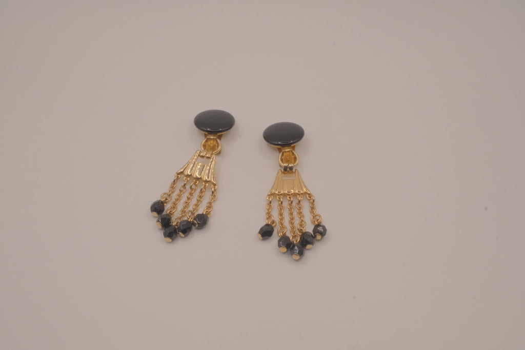 Vintage gold-tone black bead clip-on chandelier earrings