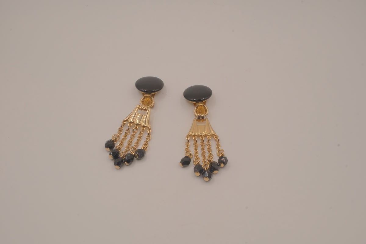 Vintage gold-tone black bead clip-on chandelier earrings