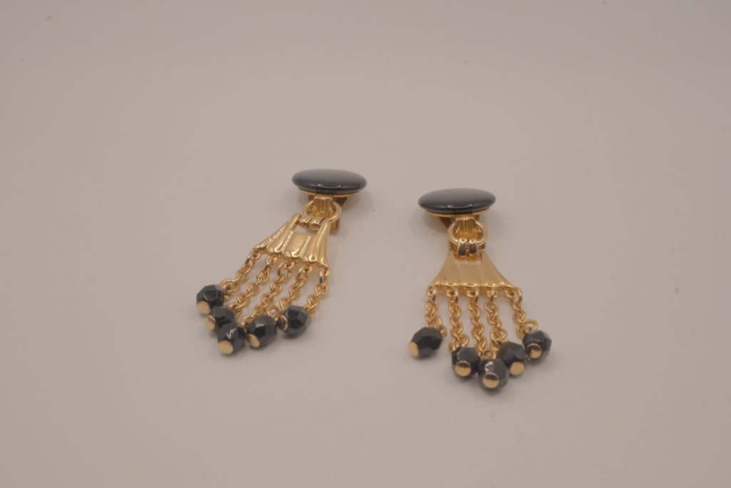 Vintage gold-tone black bead clip-on chandelier earrings