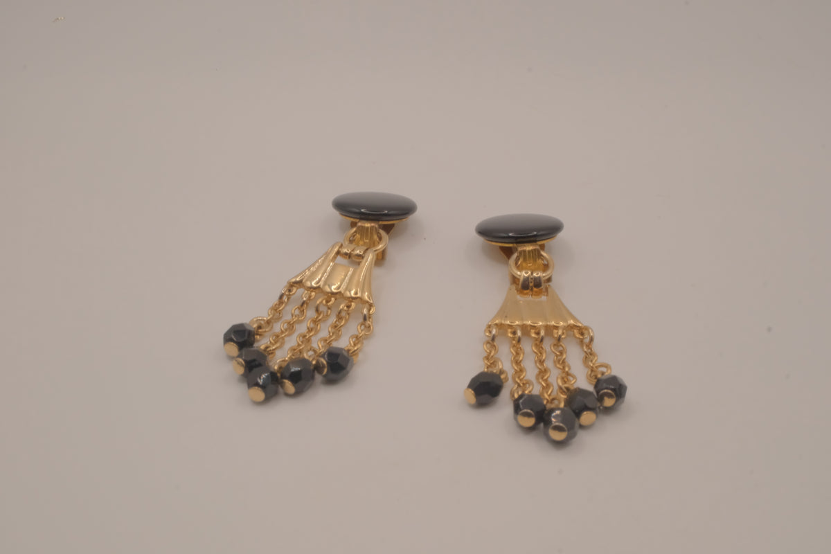 Vintage gold-tone black bead clip-on chandelier earrings