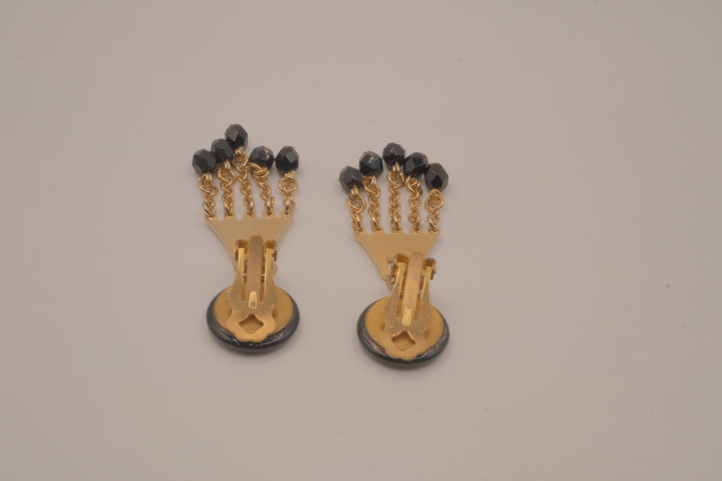 Vintage gold-tone black bead clip-on chandelier earrings