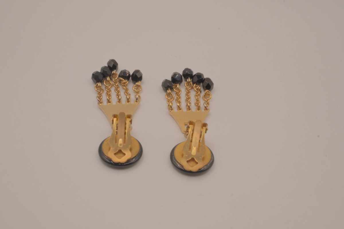 Vintage gold-tone black bead clip-on chandelier earrings