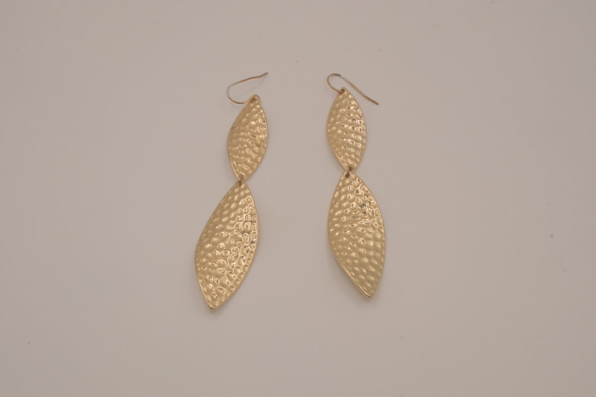 Hammered gold tone double-leaf dangle earrings