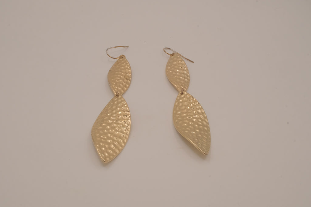 Hammered gold tone double-leaf dangle earrings