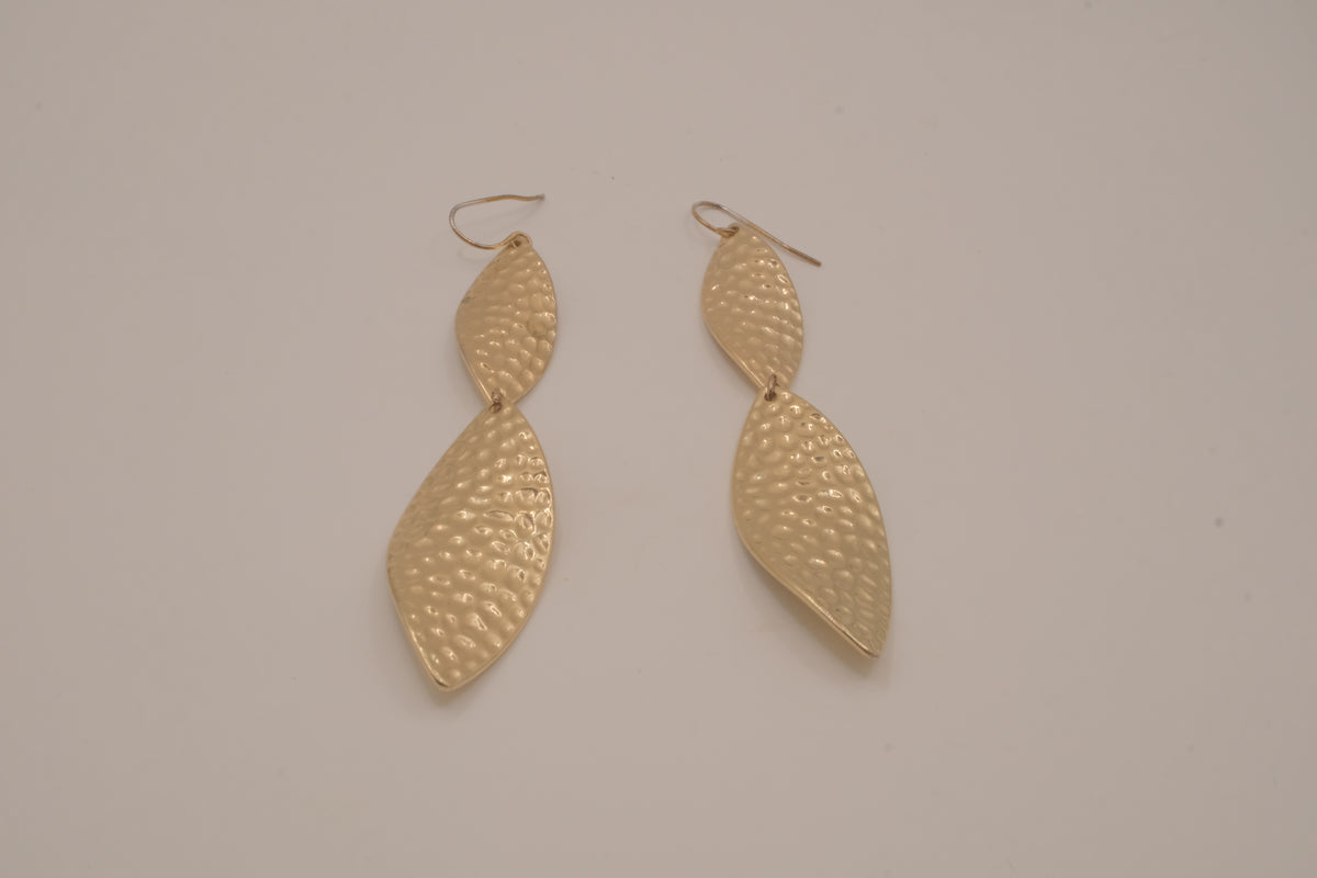 Hammered gold tone double-leaf dangle earrings