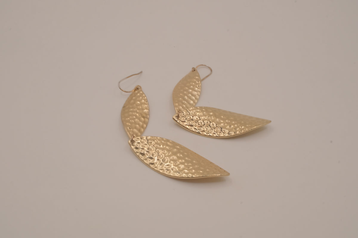 Hammered gold tone double-leaf dangle earrings