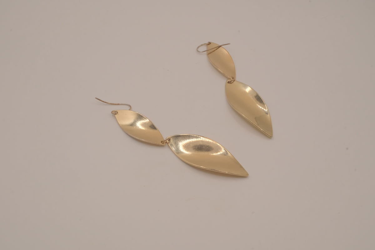 Hammered gold tone double-leaf dangle earrings