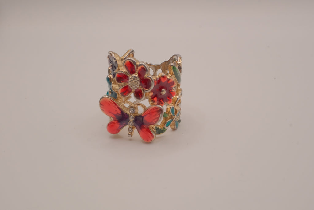 Whimsical, wide-band garden cocktail ring