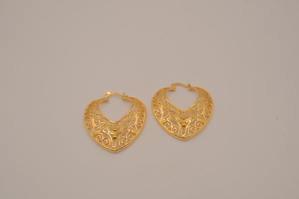 Gold-toned heart-shaped filigree hoop earrings