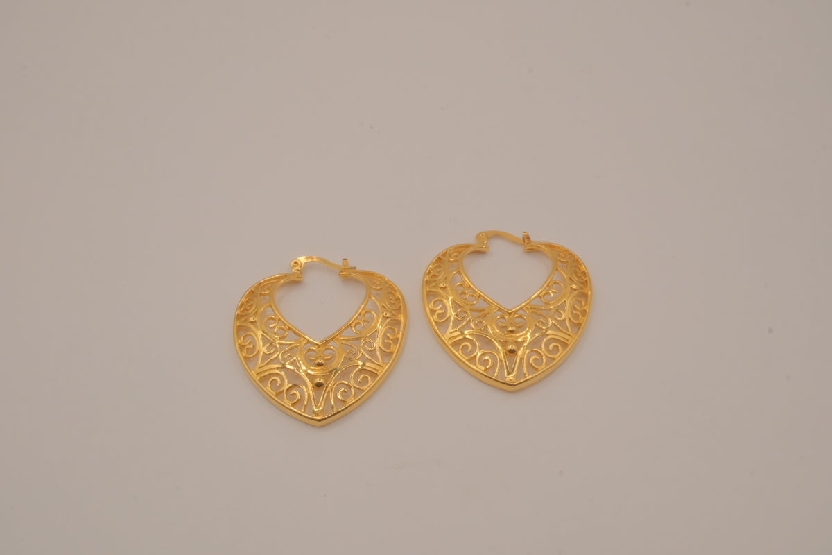 Gold-toned heart-shaped filigree hoop earrings