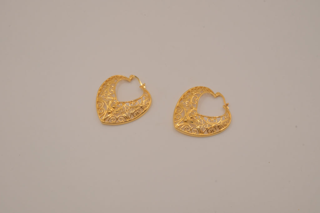 Gold-toned heart-shaped filigree hoop earrings