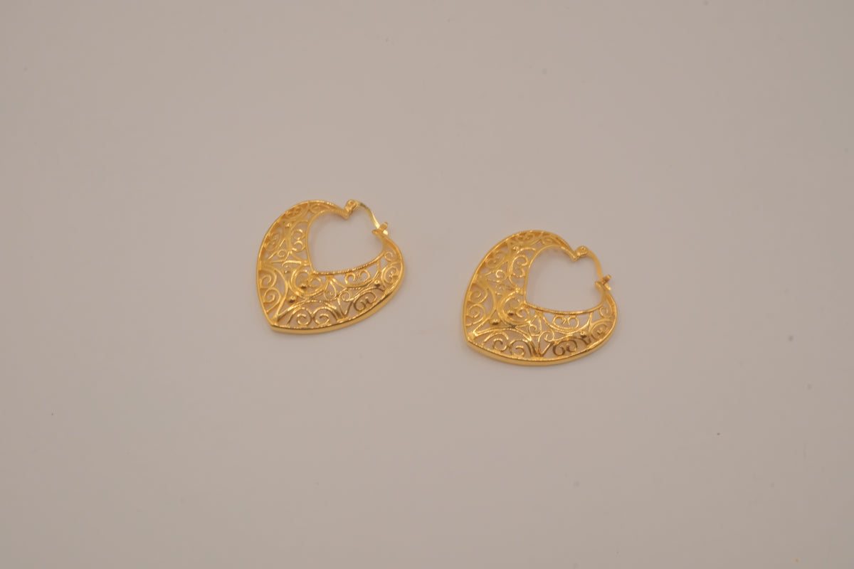 Gold-toned heart-shaped filigree hoop earrings