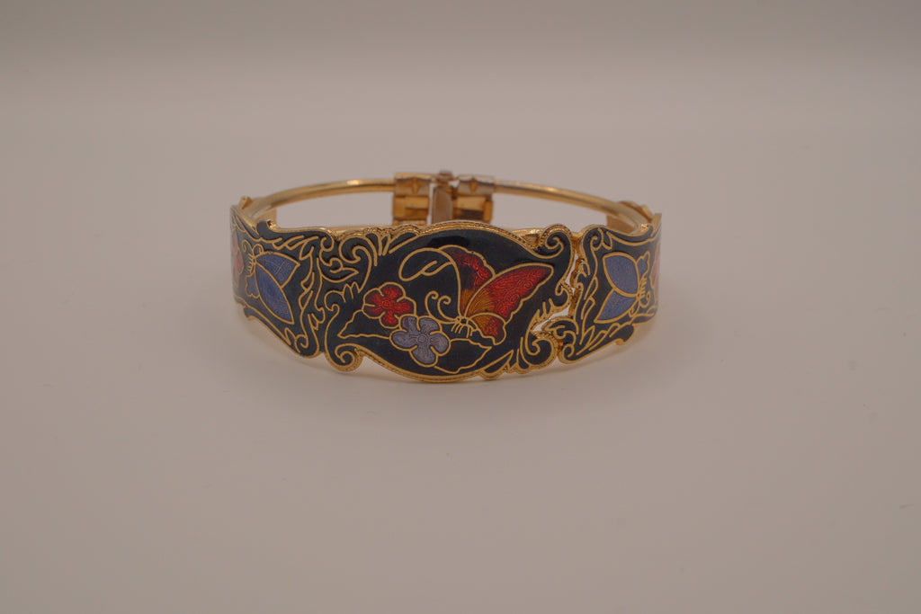 Vintage cloisonné butterfly and floral hinge cuff bracelet&nbsp;